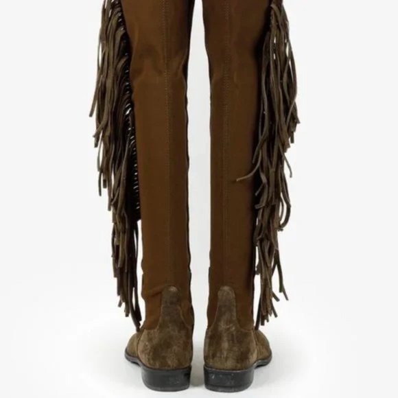 Stuart Weitzman 5050 Mane Fringe Olive Suede Leather OTK Boots - Picture 3 of 11